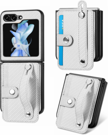 Galaxy Z Flip 5 Wallet Case with Credit Card Holder Slot & Wristband - WHITE (Only Ground Shipping)