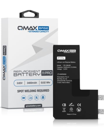 Order the QMAX Base extended capacity replacement battery for iPhone 11 Pro, 3400 mAh. Spot weld required.