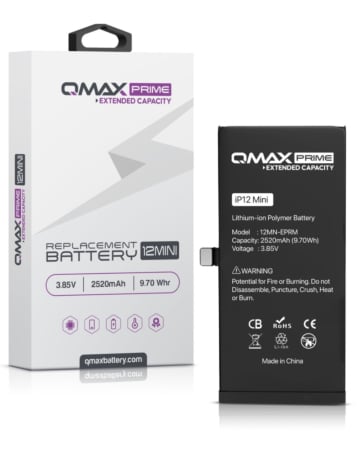 Purchase the QMAX Prime Extended Capacity Replacement Battery for iPhone 12 Mini Spot Weld Not Required 2520 mAH.
