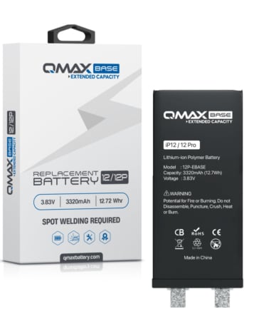 Order the QMAX Base Extended Capacity Replacement Battery for iPhone 12 and 12 Pro, Spot Weld Required, 3320 mAH.







