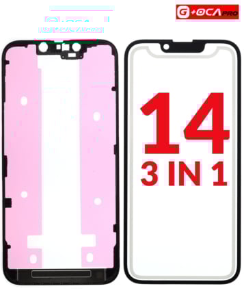 Order the premium 3-in-1 front glass, frame, and OCA for iPhone 14 G+ OCA Pro.