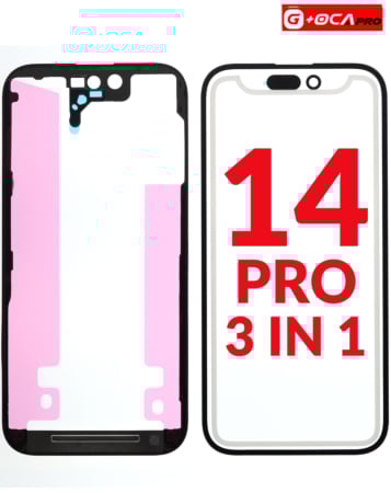 Order the premium 3-in-1 set with front glass, frame, and OCA for iPhone 14 Pro, G+ OCA Pro version.
