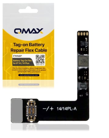 Purchase the QMAX tag-on battery repair flex cable for the iPhone 14 or 14 Plus — no programming required.