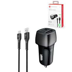 PowerPeak Rapid Vehicle Dual Port  Car Charger with USB-A Cable (12W) (4ft) (BLACK) (Only Ground Shipping)