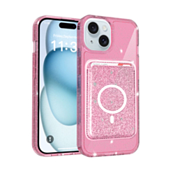 Glitter Magnetic Case with Wallet Slot for iPhone 17E / 16E / 15 / 14 / 13 (PINK) (Only Ground Shipping)
