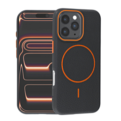 Magnetic Leather Soft Cases (BLACK & ORANGE) for iPhone 16 Pro (Only Ground Shipping)