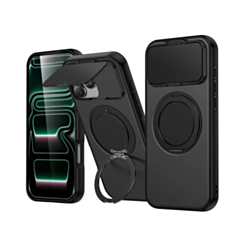 Flip Lens Cover Case with MagSafe Ring Kickstand (BLACK) for iPhone 16 Pro Max (Only Ground Shipping)