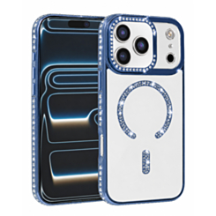 Rhinestone Magnetic Clear Protective Case for iPhone 17 Pro / 18 Pro (NAVY BLUE) (Only Ground Shipping)