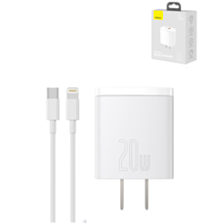 Baseus Compact Quick Charger USB A+C with Superior Series USB C-L Charging Cable (20W) (3ft) (MOON WHITE) (Only Ground Shipping)