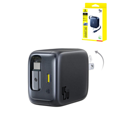 BASEUS EnerCore CJ11 Dual USB C Fast Charger with Retractable Cable (45W) (COSMIC BLACK) (Only Ground Shipping)