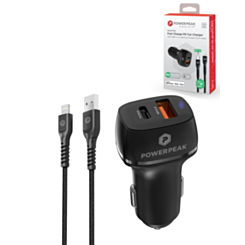 PowerPeak USB A+C Dual PD Car Charger with USB C-L MFI Cable (4ft) (38W) (Black) (Only Ground Shipping)