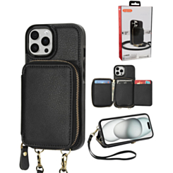 xBase by PowerPeak - Crossbody Zipper Purse for iPhone 14 Pro Max - (BLACK) (Only Ground Shipping)