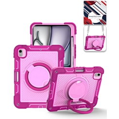 Multi-Functional Rugged Swivel Stand Case with Shoulder Strap (HOT PINK) for iPad Air 13 (2024 / 2025 / 2026) (Only Ground Shipping)