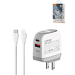 LDNIO A2522C QC3.0+PD Dual USB A Wall Charger with USB C-L Non-MFI Cable (3ft) (30W) (Only Ground Shipping)