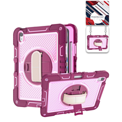 360 Rotating Hand Strap & Kickstand Case with Shoulder Strap (HOT PINK) for iPad 10 2022 (10.9") / iPad 11 (A16) (Only Ground Shipping)