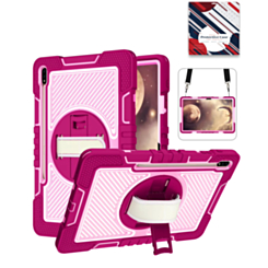 360 Rotating Hand Strap & Kickstand Case with Shoulder Strap (HOT PINK) for Galaxy Tab S9 / Tab S9 FE / Tab S10 FE / Tab S10 Lite (Only Ground Shipping)