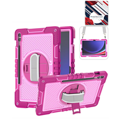 360 Rotating Hand Strap & Kickstand Case with Shoulder Strap (HOT PINK) for Galaxy Tab S9 FE / Tab S9 Plus / Tab S10 Plus (Only Ground Shipping)