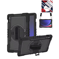 360 Rotating Hand Strap & Kickstand Case with Shoulder Strap (BLACK) for Galaxy Tab S9 FE / Tab S9 Plus / Tab S10 Plus (Only Ground Shipping)