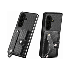 Galaxy Z Fold 7 Carbon Fiber Texture Card Slot Wrist Strap Holder Case - BLACK (Only Ground Shipping)