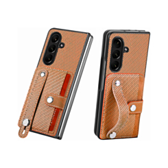 Galaxy Z Fold 7 Carbon Fiber Texture Card Slot Wrist Strap Holder Case - BROWN (Only Ground Shipping)