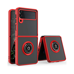 Galaxy Z Flip 3 Hard PC Rear / Soft TPU Colorful Border Case with I - ring Holder -RED (Only Ground Shipping)