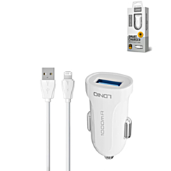 LDNIO C17 1A USB-A Car Charger with USB-L Non-MFI Cable (WHITE) (3ft) (10W) (Only Ground Shipping)