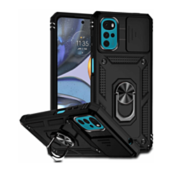 Moto G22 Dual Layers Hybrid Case with Metal Ring And Camera Protector - BLACK (Only Ground Shipping)