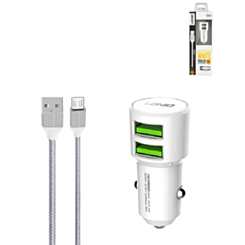 LDNIO C309 3.6A Dual USB-A Car Charger with USB A-M Cable (WHITE) (3ft) (18W) (Only Ground Shipping)