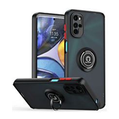 Moto G52 Hard PC Rear / Soft TPU Colorful Border Case with I-ring Holder - BLACK (Only Ground Shipping)