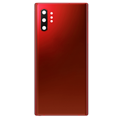 Stock up on the Back Glass with Camera Lens and Adhesive for Galaxy Note 10 Plus in Aura Red, no logo.