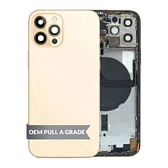Purchase the Back Housing Frame with Small Components Pre-Installed for iPhone 12 Pro Gold OEM Pull A Grade.
