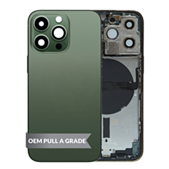 Buy the Back Housing Frame ALPINE GREEN US Version OEM Pull A Grade with Small Components Pre-Installed for iPhone 13 Pro.
