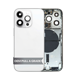 Order the back housing frame with small components pre-installed for iPhone 14 Pro in Silver, US version, OEM pull A grade.