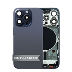 Buy the Back Housing Frame in Blue Titanium, US version, OEM Pull A Grade, with small components pre-installed for iPhone 15 Pro.