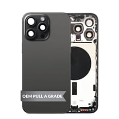 Stock up on the Black Titanium Back Housing Frame, US version, OEM Pull A Grade, with small parts already installed for iPhone 15 Pro Max.