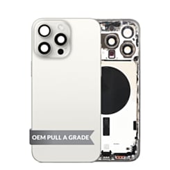 Order the Back Housing Frame in White Titanium, US Version, OEM Pull A Grade, with Small Components Pre-Installed for iPhone 15 Pro Max.
