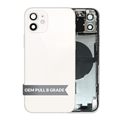 Order the white back housing frame with small components pre-installed for iPhone 12, OEM pull B grade.
