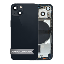 Order the Back Housing Frame Midnight US Version OEM Pull B Grade with Small Components Pre-Installed for iPhone 13 Mini.

