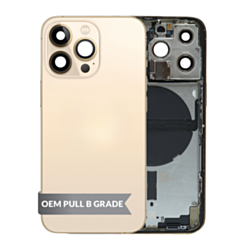 Purchase the Back Housing Frame GOLD US Version OEM Pull B Grade with Small Components Pre-Installed for iPhone 13 Pro.

