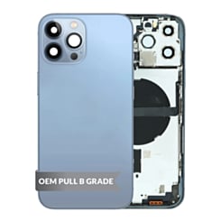 Stock up on the Housing Frame with Small Parts Pre-Installed for iPhone 13 Pro Max BLUE International OEM Pull B Grade.
