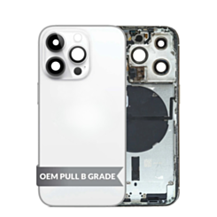 Grab the wholesale deals on the back housing frame with small components pre-installed for iPhone 14 Pro in Silver, US version, OEM pull B grade.
