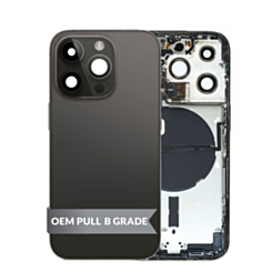 Stock up on the housing frame with small parts pre-installed for iPhone 14 Pro in Black, International version, OEM pull B grade.

