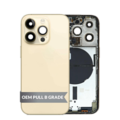 Buy the housing frame with small parts pre-installed for iPhone 14 Pro in Gold, International version, OEM pull B grade.

