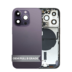 Shop the housing frame with small parts pre-installed for iPhone 14 Pro in Purple, International version, OEM pull B grade.
