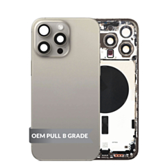 Stock up on the Back Housing Frame in Natural Titanium, US Version, OEM Pull B Grade, with Small Components Pre-Installed for iPhone 15 Pro Max.