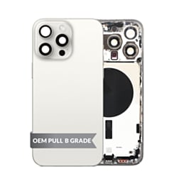 Buy the Back Housing Frame in White Titanium, US Version, OEM Pull B Grade, with Small Components Pre-Installed for iPhone 15 Pro Max.