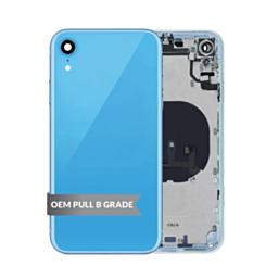 Stock up on the Back Housing Frame with Small Components Pre-Installed for iPhone XR in blue, OEM pull B grade.
