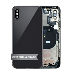 Stock up on the back housing frame for iPhone XS in space gray, OEM pull A grade, with small components pre-installed.