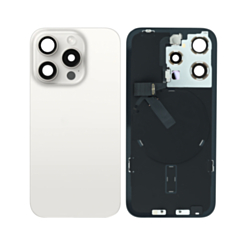Shop the Back Glass in White Titanium with Frame and Wireless NFC Charging Flex and MagSafe Magnet for iPhone 15 Pro, OEM Pull B Grade.
