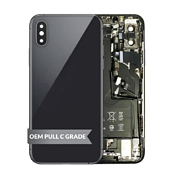 Shop the back housing frame for iPhone XS in space gray, OEM pull C grade, with small components and battery pre-installed.